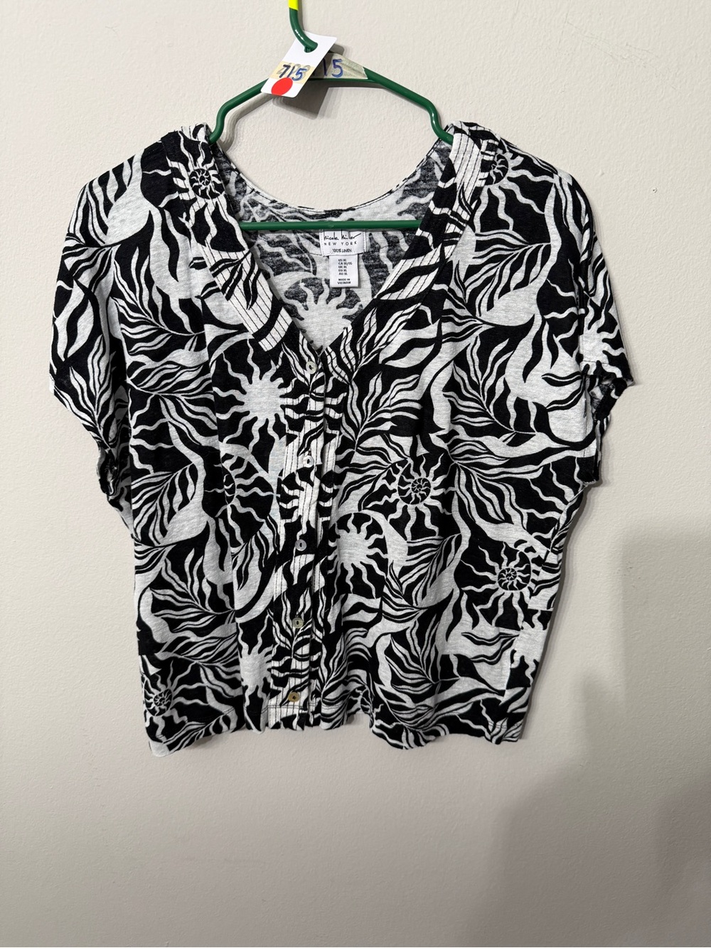 Women’s Nicole Miller Black White Floral Button Front Blouse XL